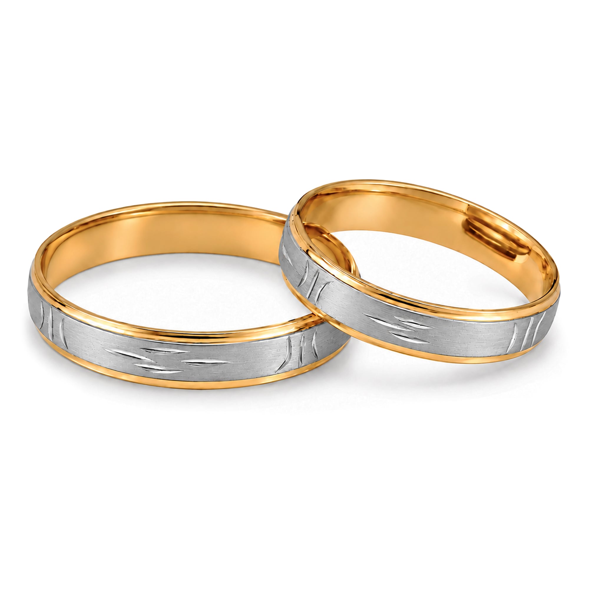 Par de alianzas satinadas de oro amarillo y blanco 18K – diseño líneas distribuidas