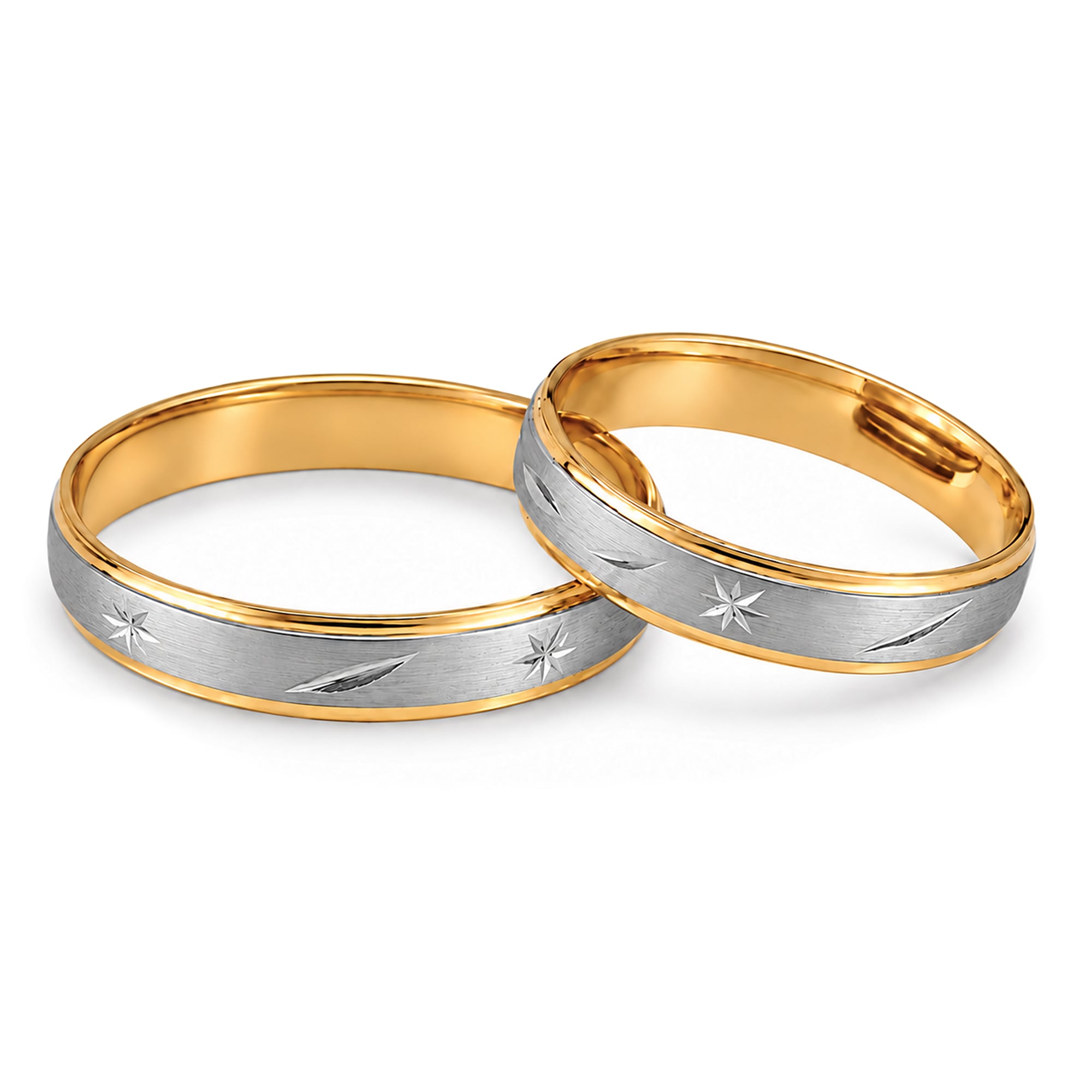 Par de alianzas satinadas de oro amarillo y blanco 18K – diseño líneas y asteriscos