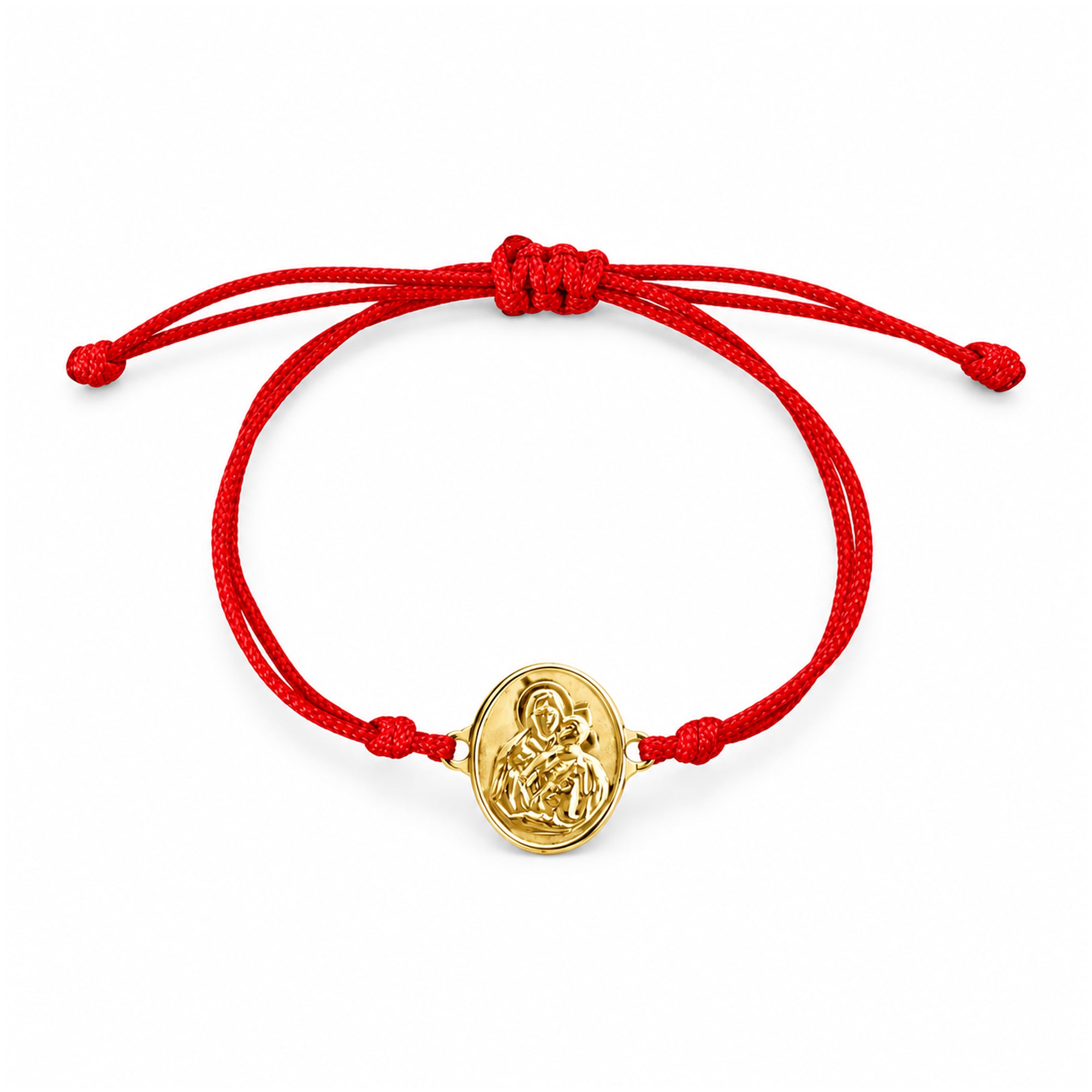 Pulsera de hilo rojo con medallita religiosa doble faz de oro amarillo 18K