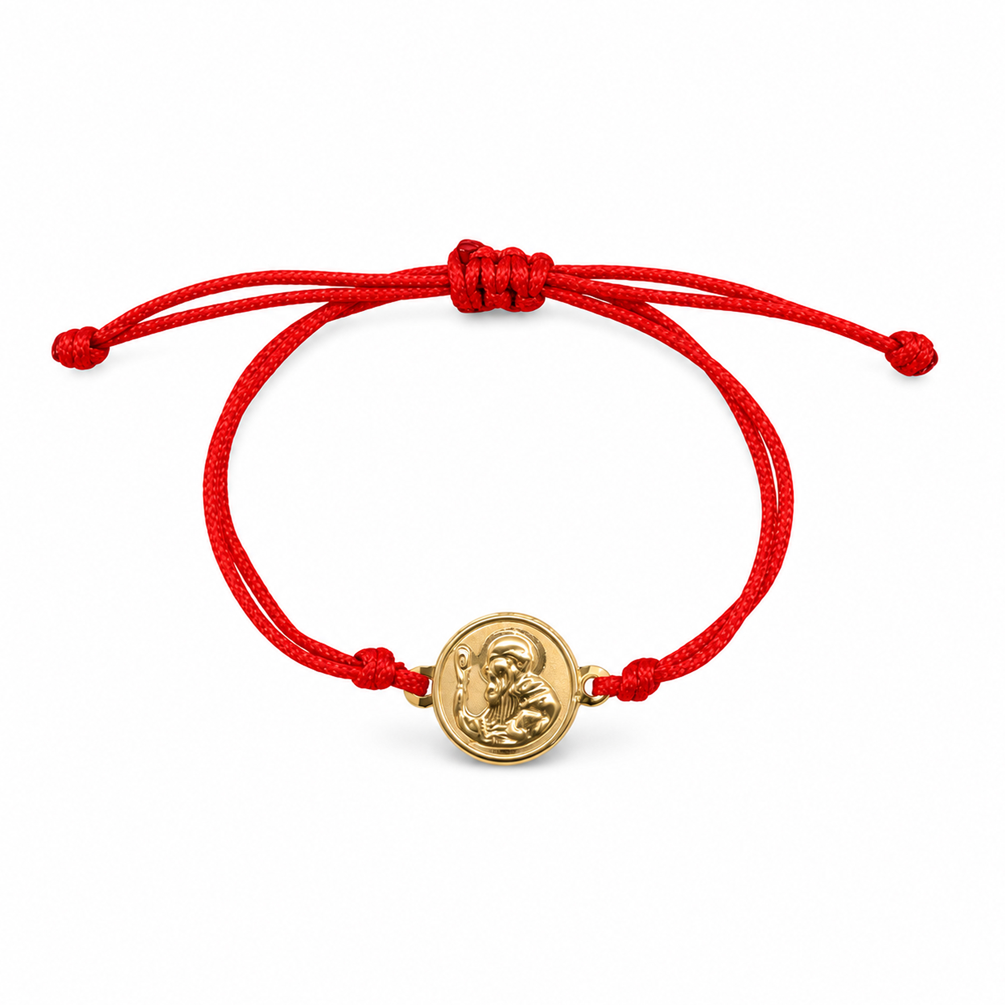 Pulsera de hilo rojo con medallita religiosa doble faz de oro amarillo 18K nacional